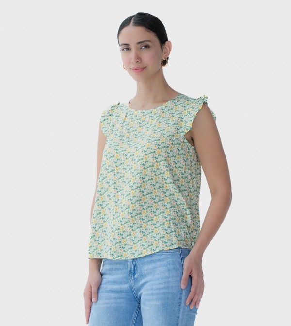 Printed Ruffle Detail High-Low Top