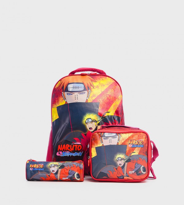 HOLLYWOOD MAGIC Naruto Print Trolley Backpack with Lunch Bag & Pencil Case Set