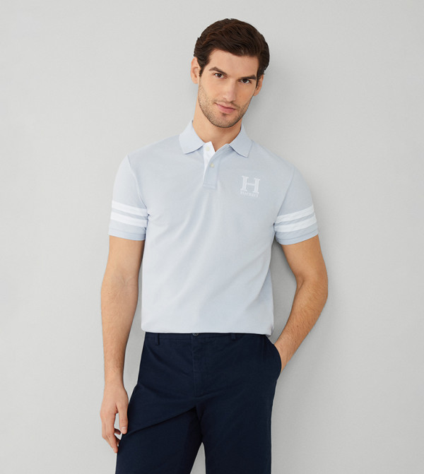 Babyhug Cotton Knit Half Sleeves Football Embroidered Polo T-Shirt with Cut & Sew Design - Blue & White main image 1