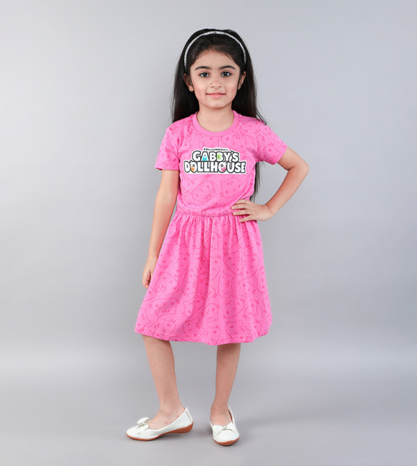 فستان جيرسيه برقبة مستديرة بطبعة غابي دول هاوس  