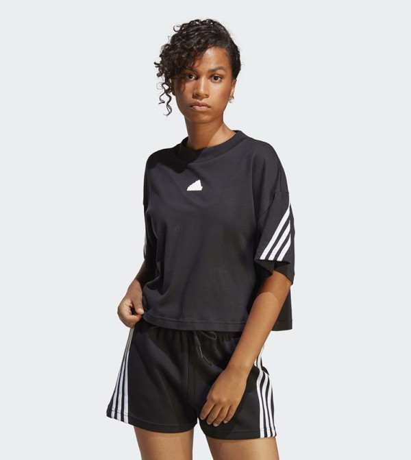 Striped Detail Sleeves Crew Neck Crop T-Shirt