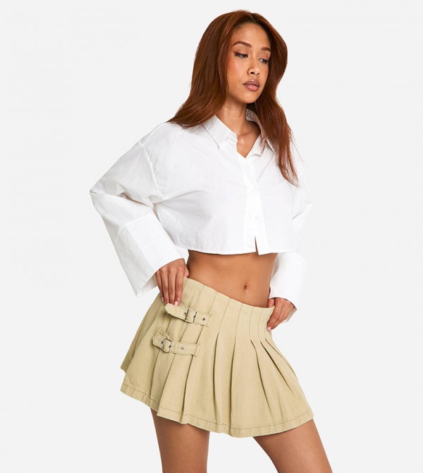 Denim Buckle Detail Pleated Micro Mini Skirt