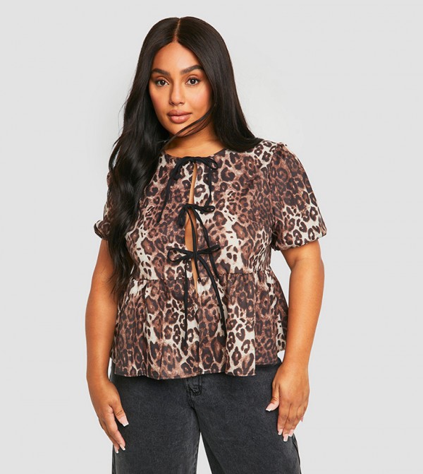 Curve Leopard Print Tie Front Smock Top