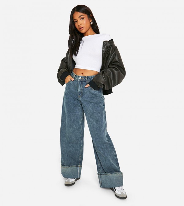 Petite Turn Up Cuff Wide Leg Jeans