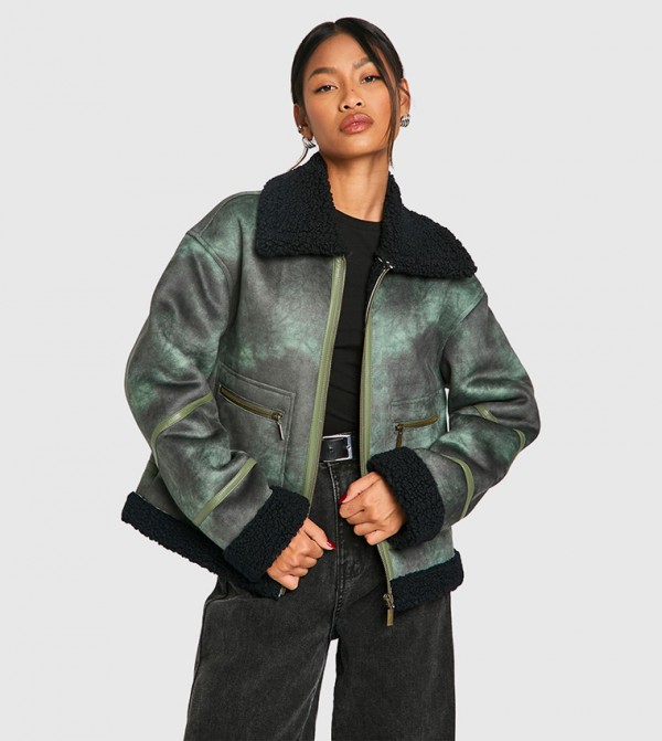 Vintage Look Sherpa Trim Aviator Jacket
