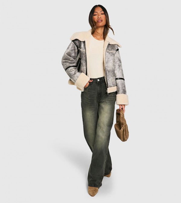 Vintage Look Sherpa Trim Aviator Jacket