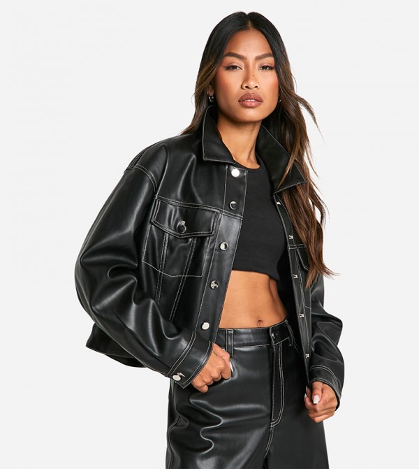 Contrast Stitch Detail Faux Leather Shacket