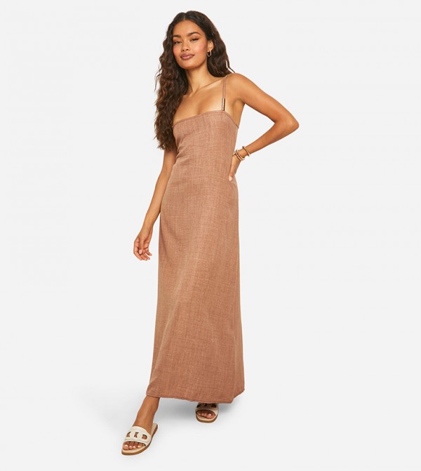 Linen Look Strappy Metal Trim Midaxi Dress