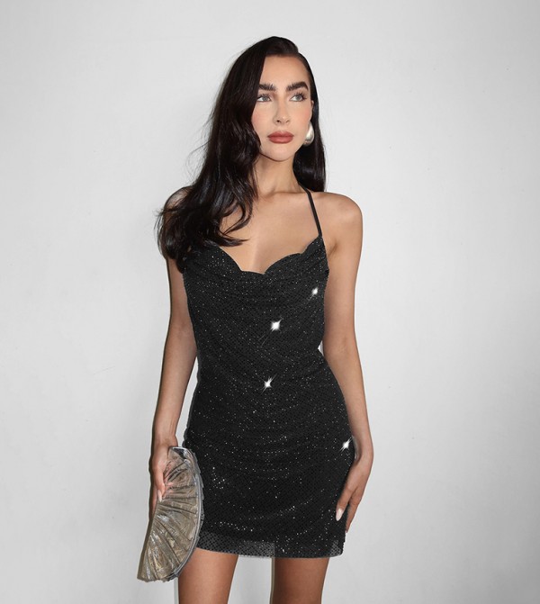 Hotfix Diamante Cowl Neck Mini Dress
