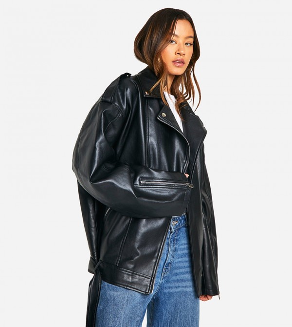 Tall Oversized Faux Leather Biker Jacket