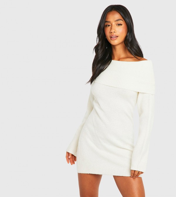 Petite Ribbed Off Shoulder Mini Sweater Dress