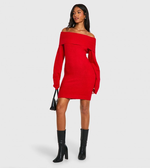 Tall Ribbed Off Shoulder Mini Sweater Dress