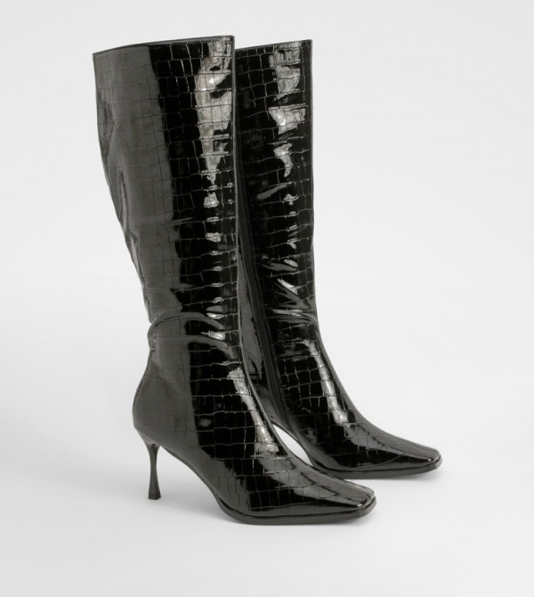 Shiny Croc Textured Heeled Calf High Boots