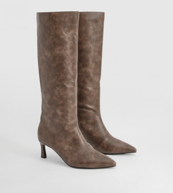 Burnished Slouched Low Heel Calf High Boots