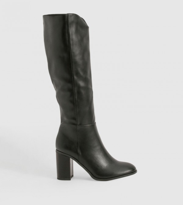 Wooden Stack Heel Detail Knee High Boots