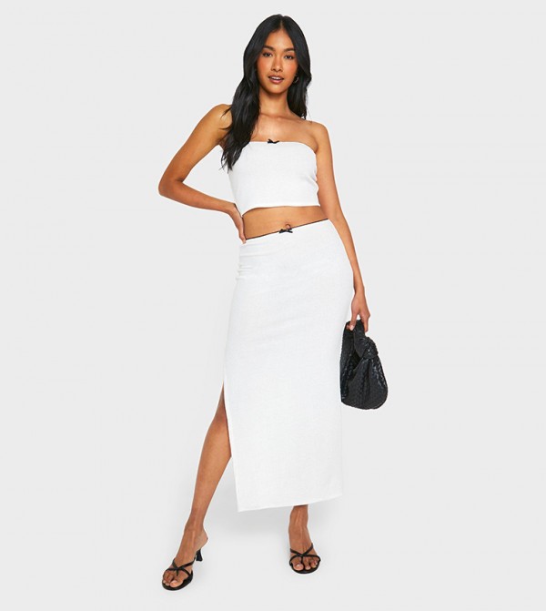 Ribbed Contrast Bow Detail Midi Skirt
