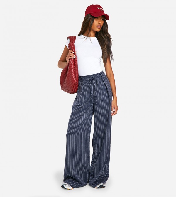 Pleated Tie Waist Wide Leg Trousers