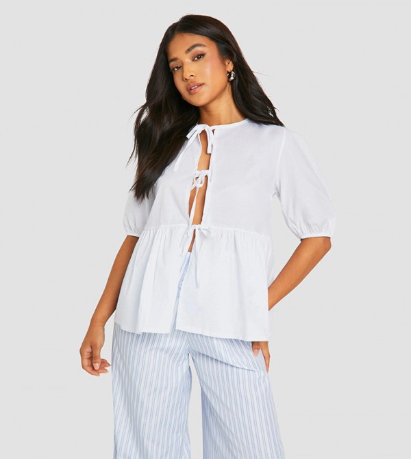 Petite Tie Front Short Sleeves Top