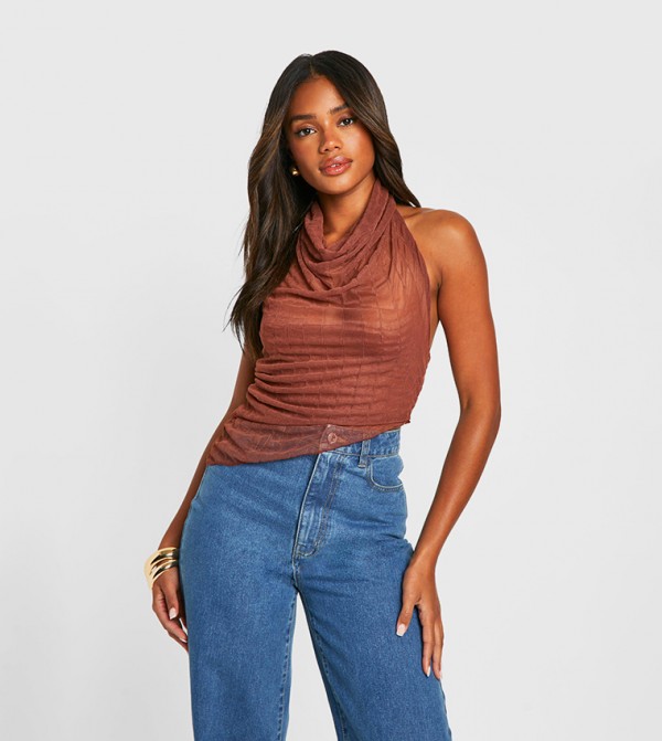 Textured Cowl Neck Crop Top