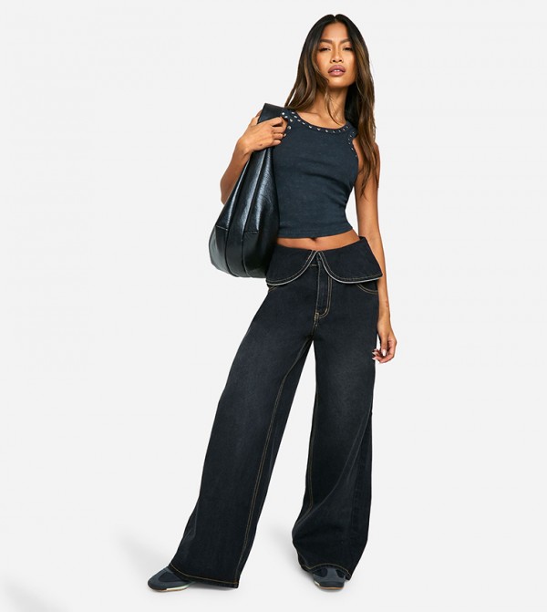 Foldover Zip Detail Wide Leg Jeans