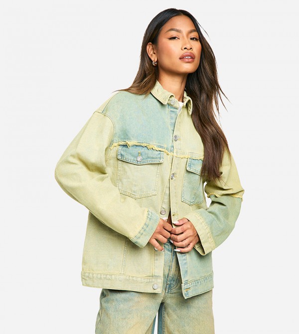 Patchwork Fray Detail Oversized Denim Jacket