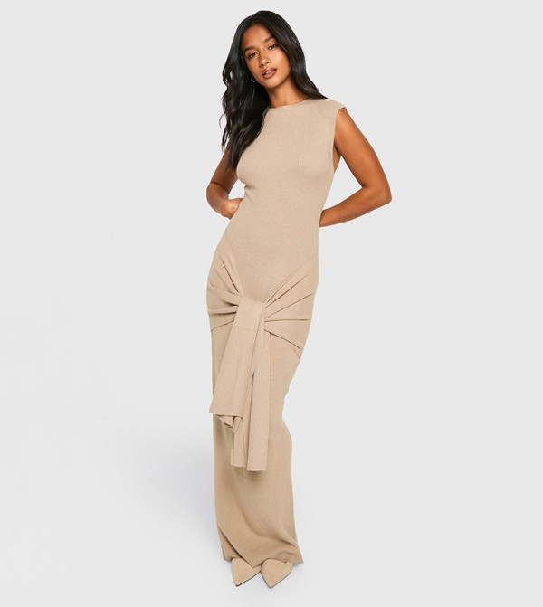 Petite Premium Rib Knit Knot Detail Maxi Dress