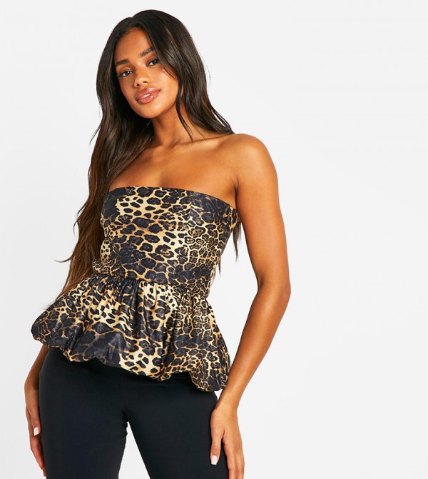 Leopard Woven Puff Ball Peplum Top