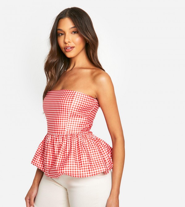 Gingham Woven Puff Ball Peplum Top
