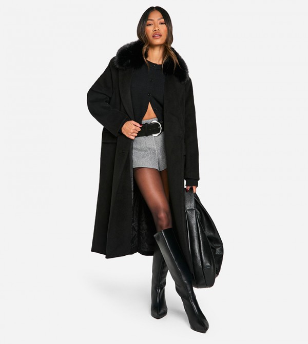 Faux Fur Trim Oversized Double Breasted Wool Look Coat