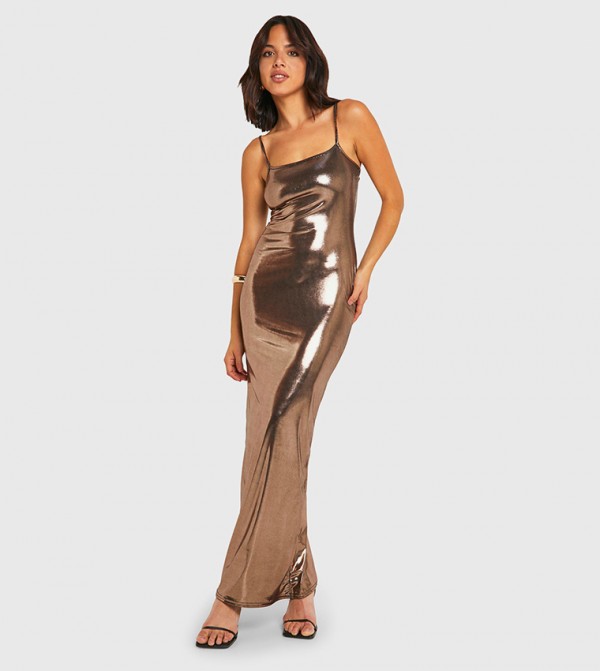 Metallic Foil Strappy Maxi Dress