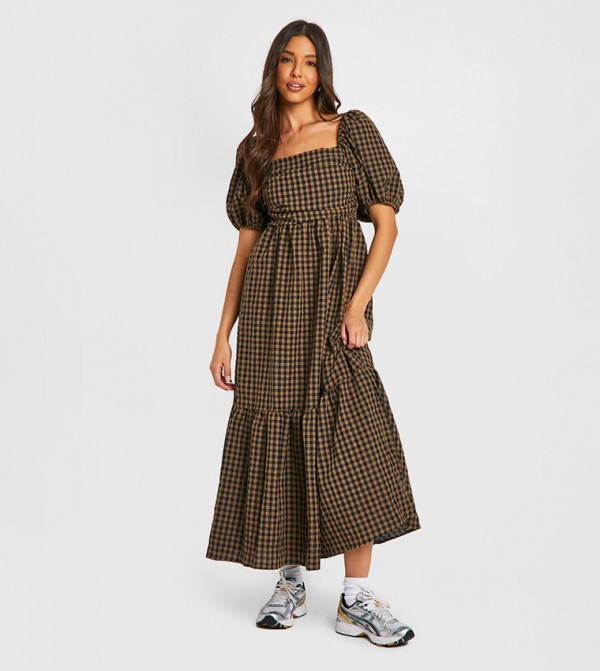 Gingham Volume Puff Sleeves Midaxi Dress