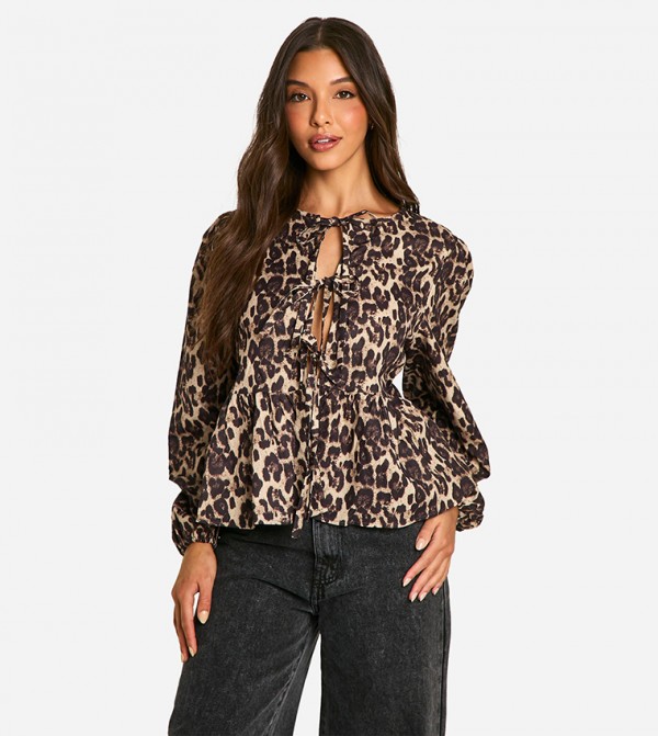 Leopard Print Tie Front Puff Long Sleeves Smock Top