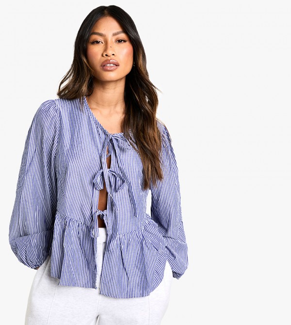 Pinstriped Tie Front Puff Long Sleeves Smock Top