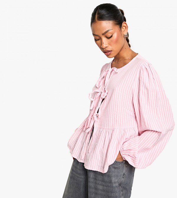 Striped Tie Front Puff Long Sleeves Smock Top