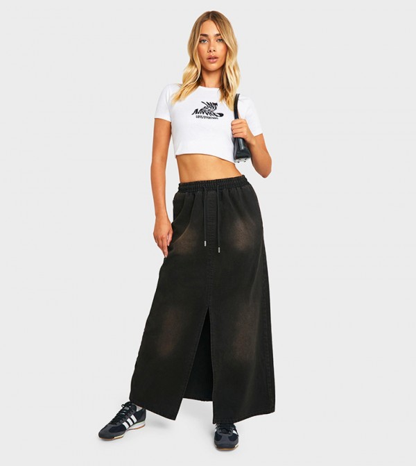 Washed Elastic Waist Maxi Skirt