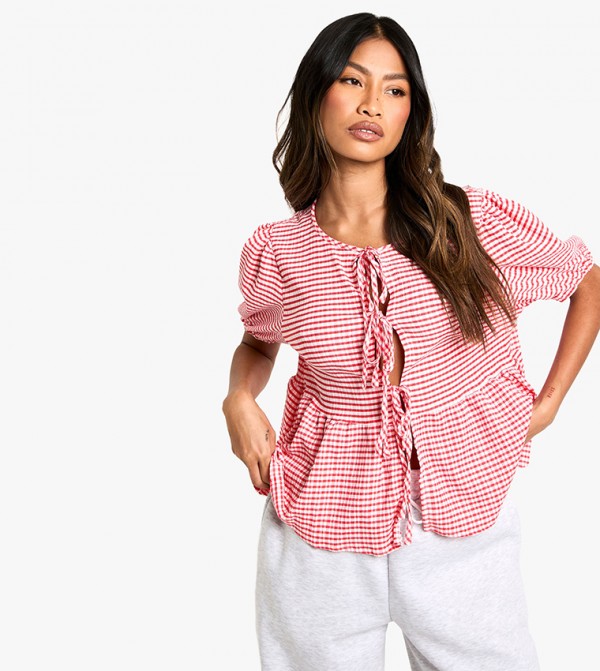 Gingham Tie Front Puff Sleeves Smock Top