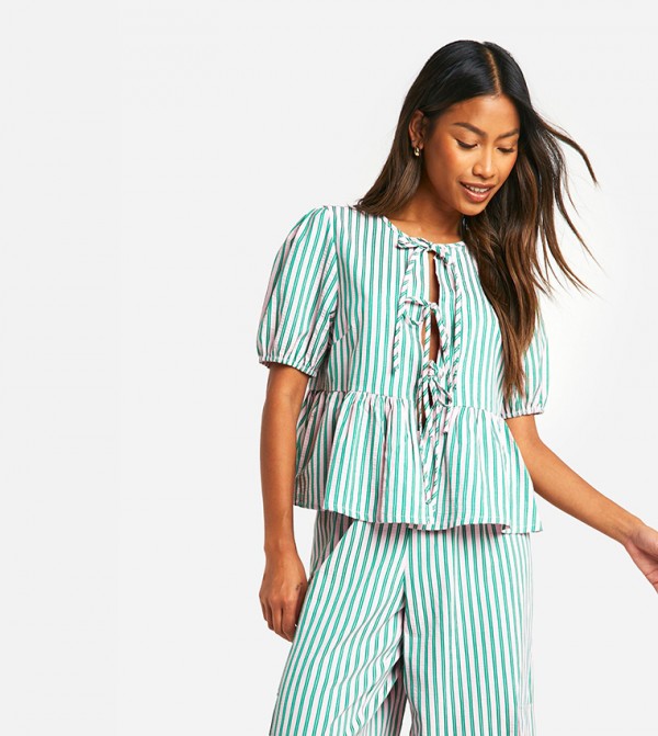 Striped Tie Front Puff Sleeves Smock Top