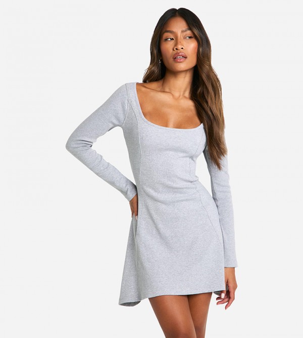 Ribbed Long Sleeves Skater Mini Dress