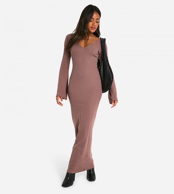 Solid Ribbed Flared Sleeves V-Neck Dress