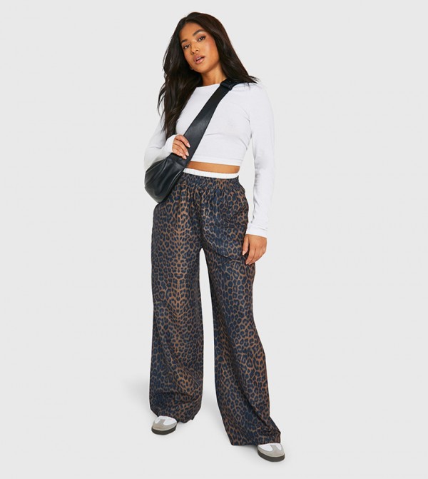 Petite Leopard Print Contrast Trousers