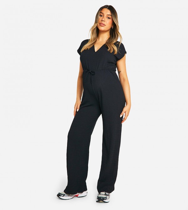 Maternity Textured V-Neck Belted Jumpsuit
