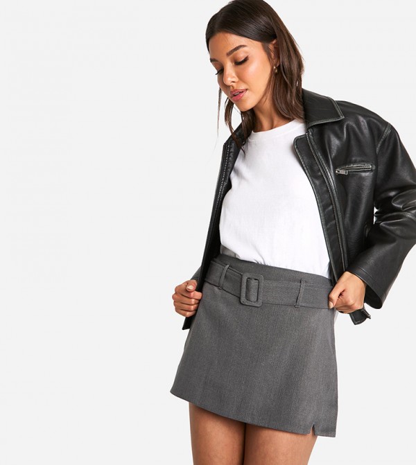 Wool Look Belted Mini Skirt