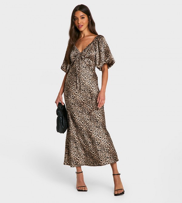 Leopard Puff Sleeves Midaxi Dress
