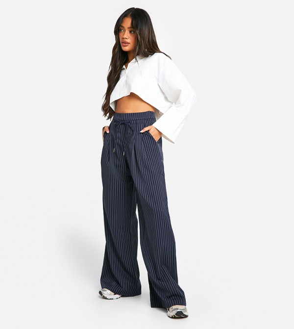 Pinstriped Drawstring Waist Slouch Dad Fit Trousers
