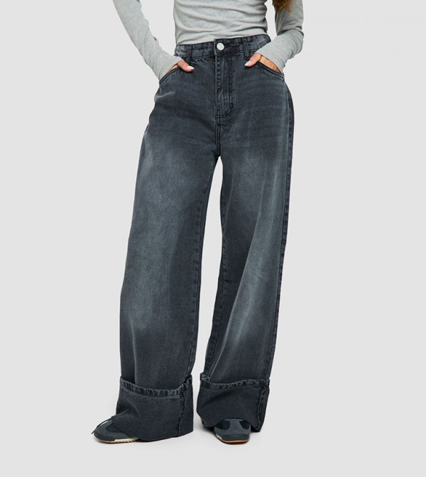 Faded Turn Over Hem Wide Leg Jeans