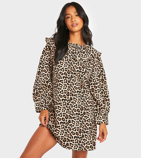 Petite Leopard Print Volume Sleeves Mini Dress