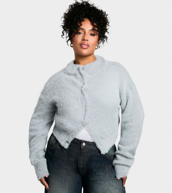 Curve Fluffy Knit Crew Neck Cardigan