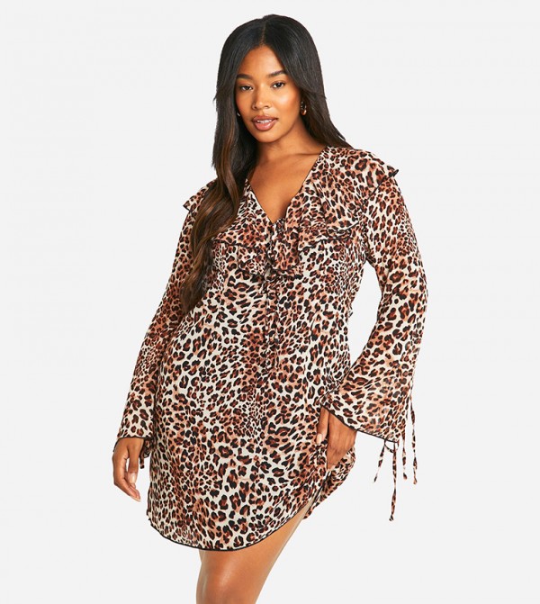 Curve Woven Leopard Ruffle Mini Dress