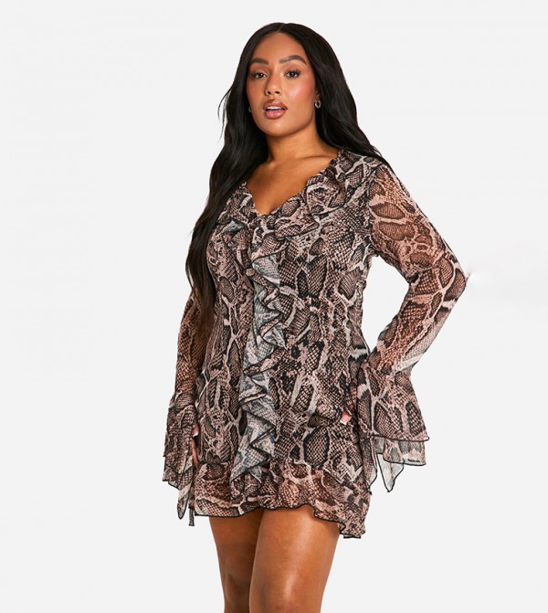 Curve Woven Ruffle Snake Print Shift Mini Dress