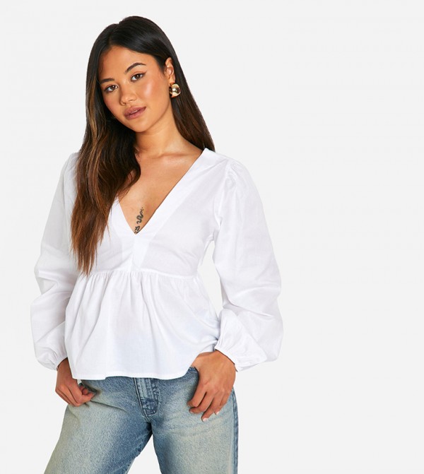 Tie Back Balloon Sleeves Poplin Peplum Smock Top